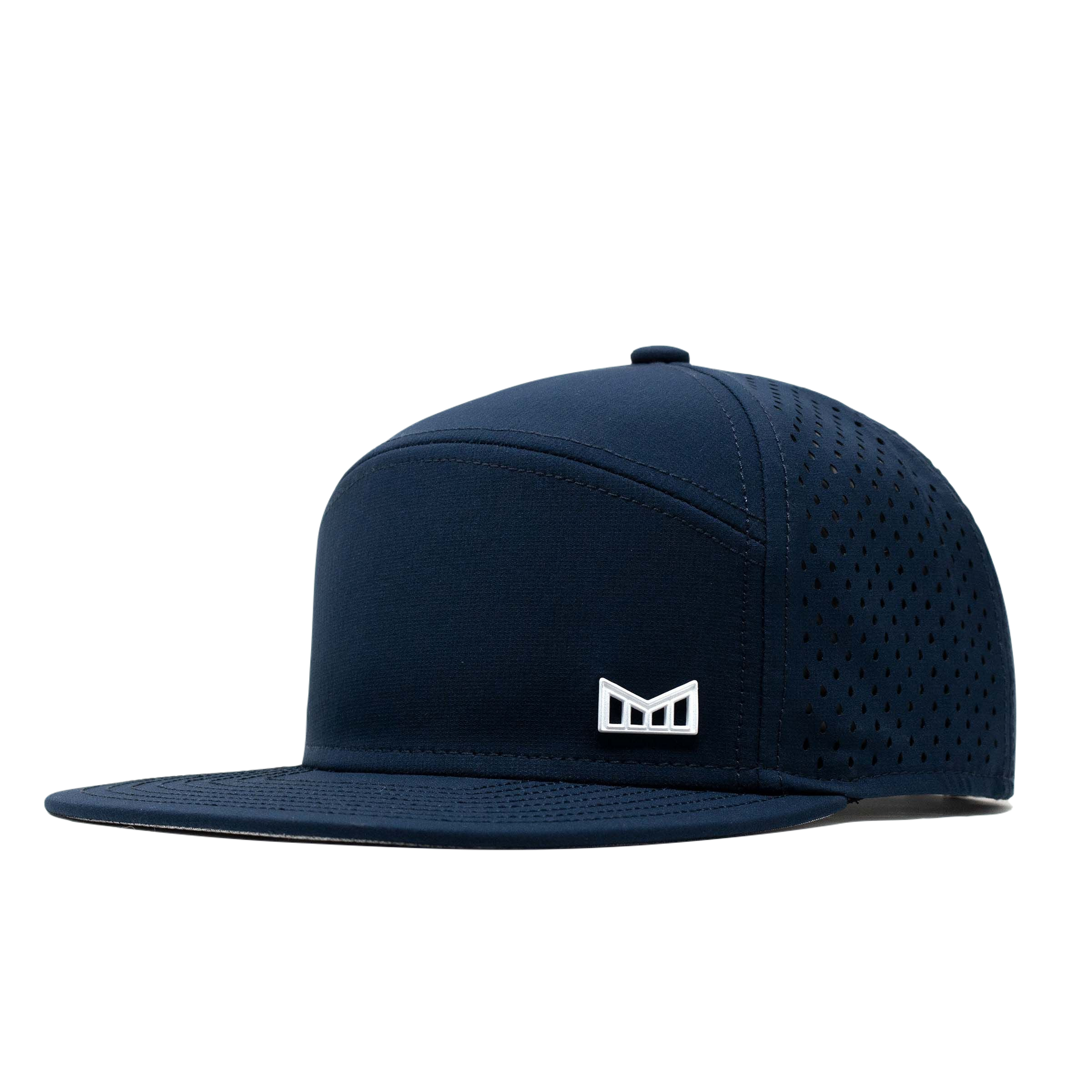 The angled view of the Melin Horizon Fit Treches Icon Hydro hat in dark blue