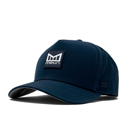The angled front of melin's Odyssey Stacked Hydro hat in Navy