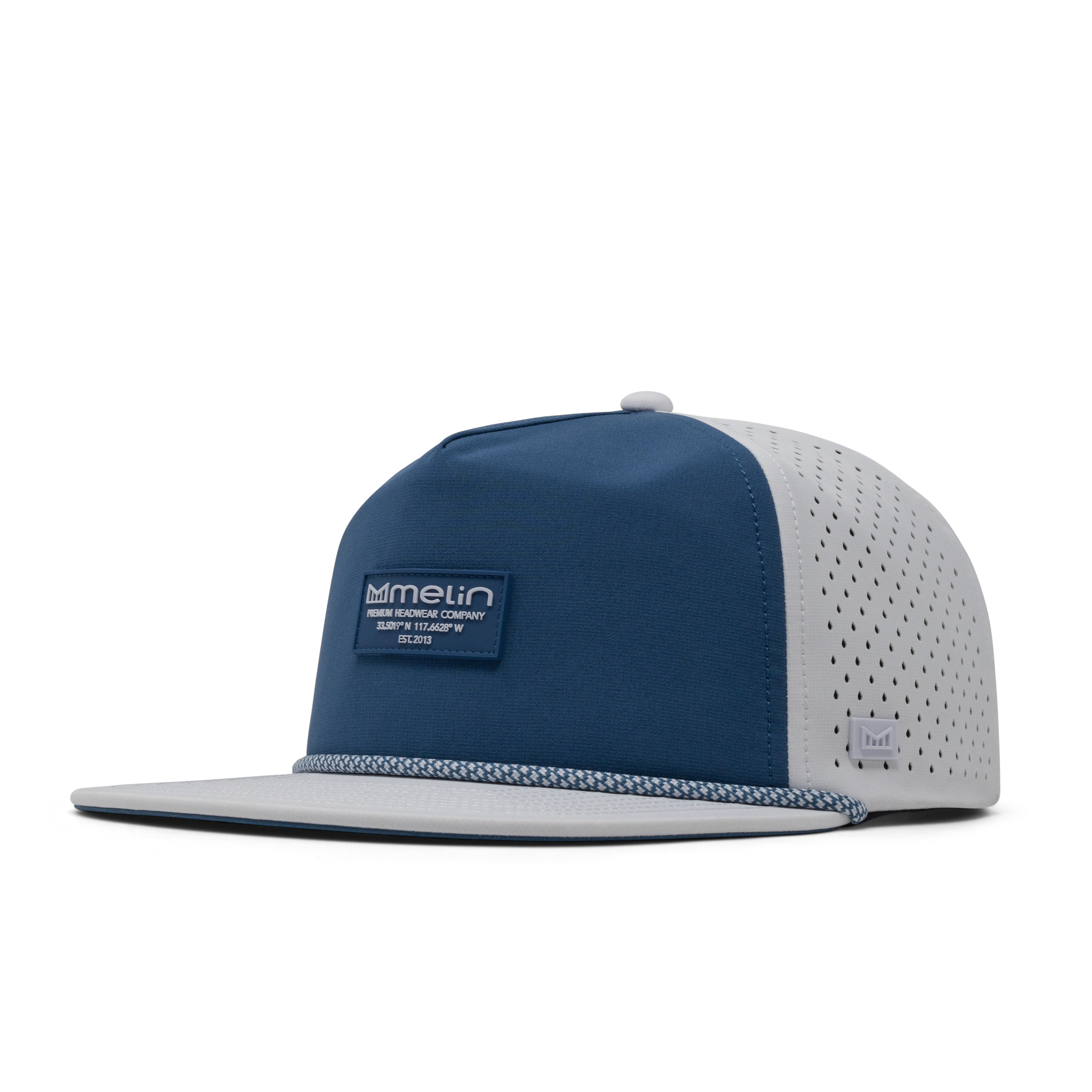 The front, angled view of the melin Coronado Brick Hydro  Split Crushed Fit in  Steel Blue / White