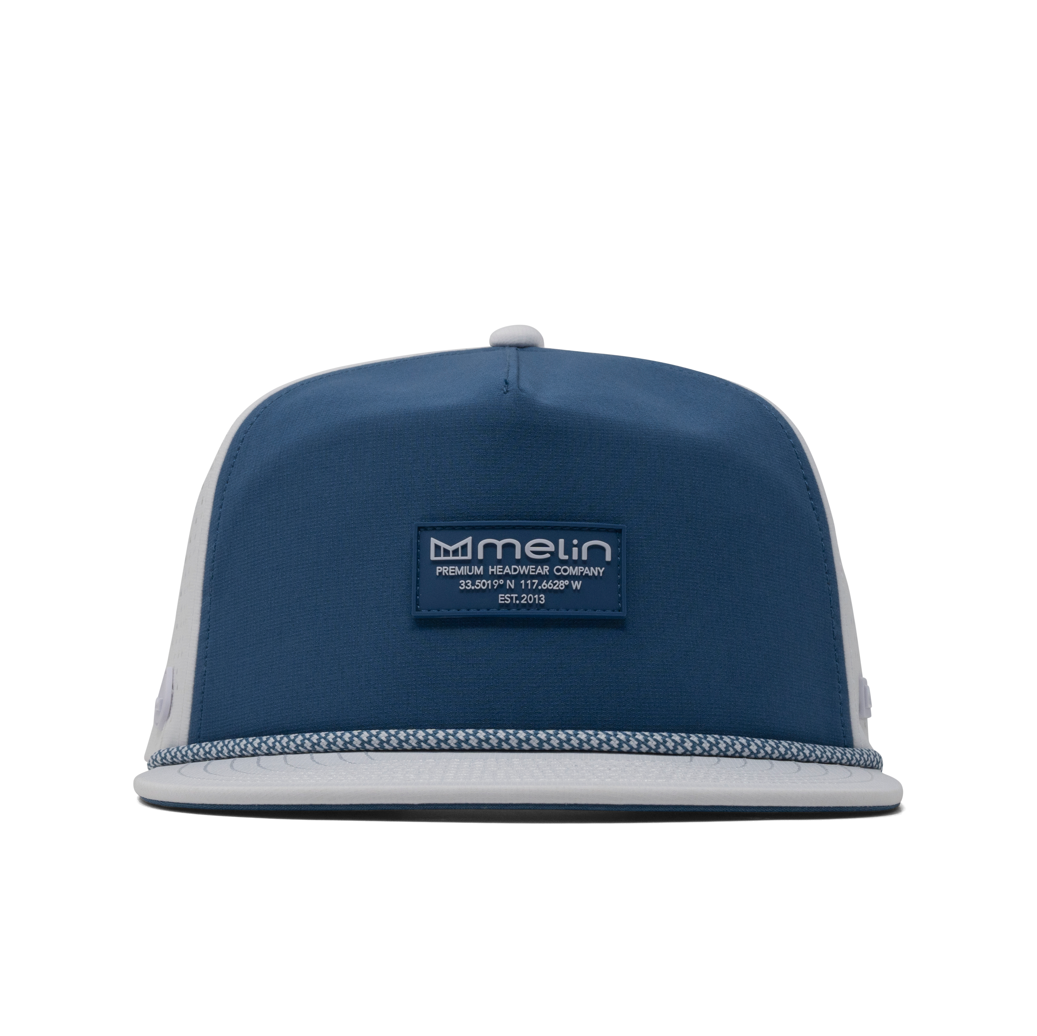 The front view of the melin Coronado Brick Hydro  Split Crushed Fit in  Steel Blue / White