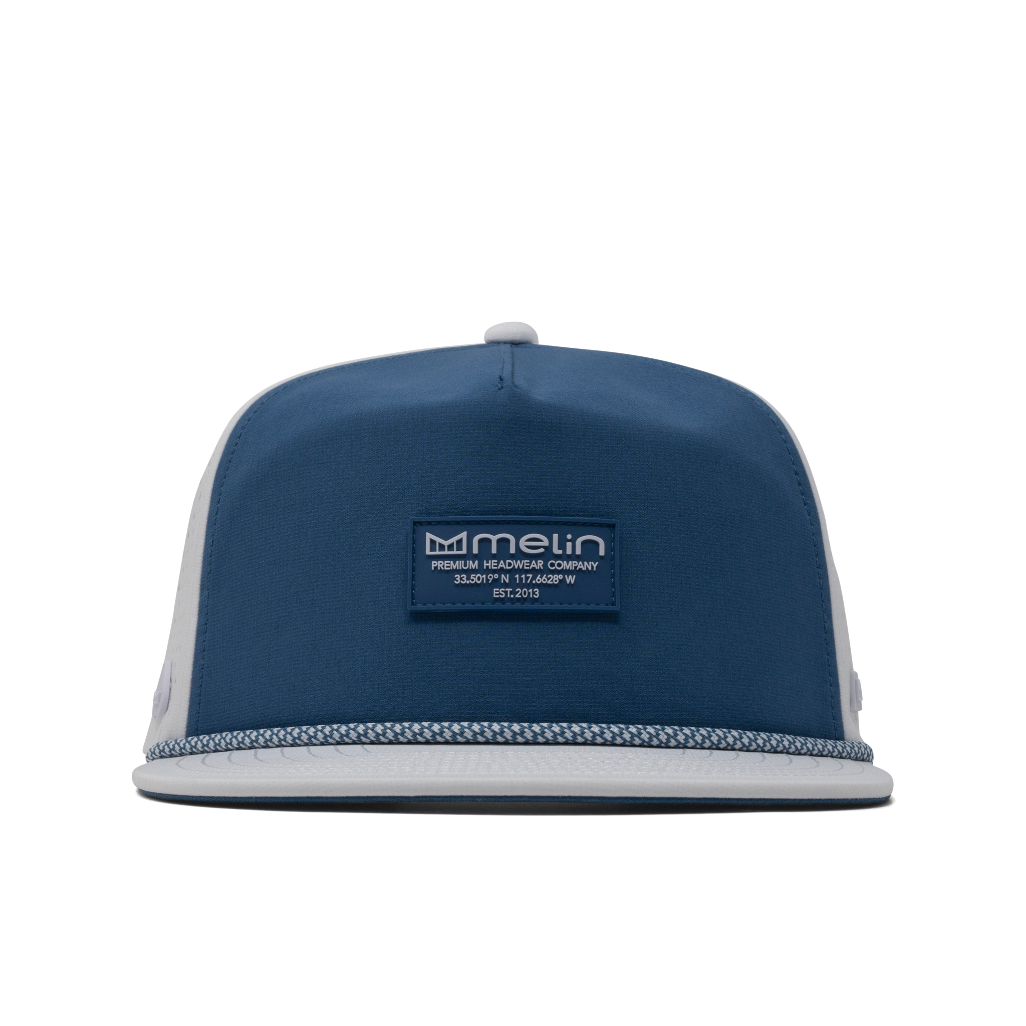 The front view of the melin Coronado Brick Hydro  Split Crushed Fit in  Steel Blue / White