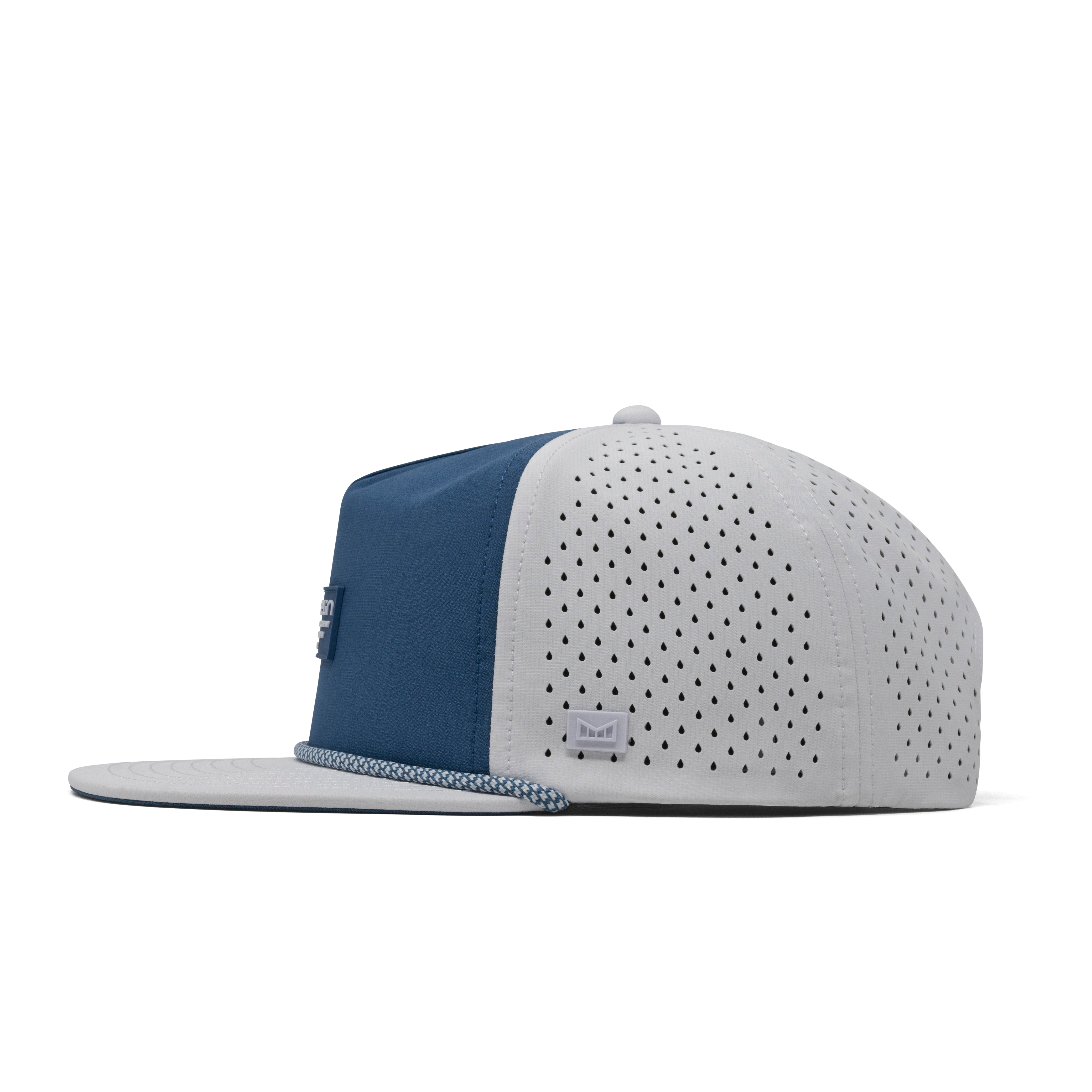 The side view of the melin Coronado Brick Hydro  Split Crushed Fit in  Steel Blue / White