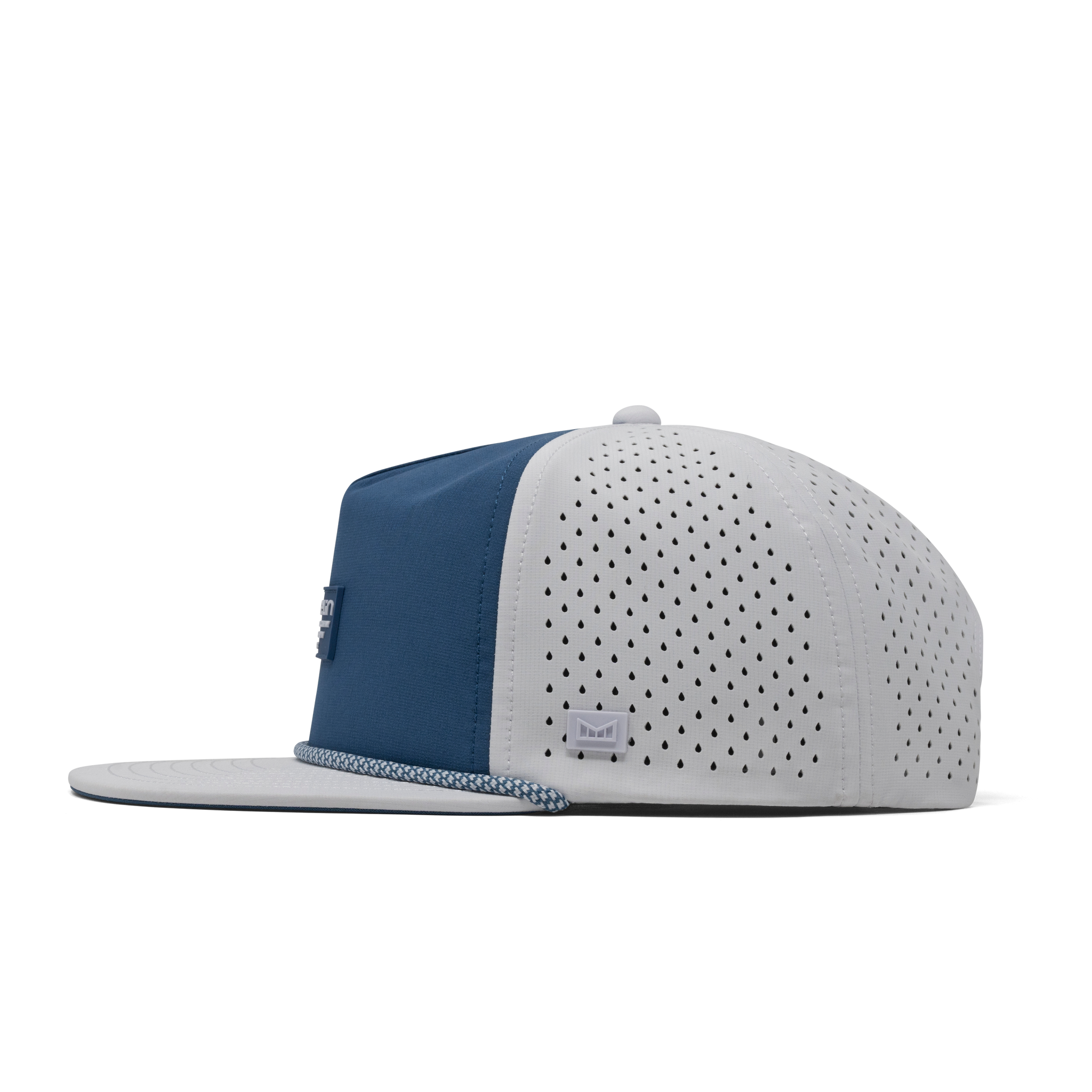 The side view of the melin Coronado Brick Hydro  Split Crushed Fit in  Steel Blue / White