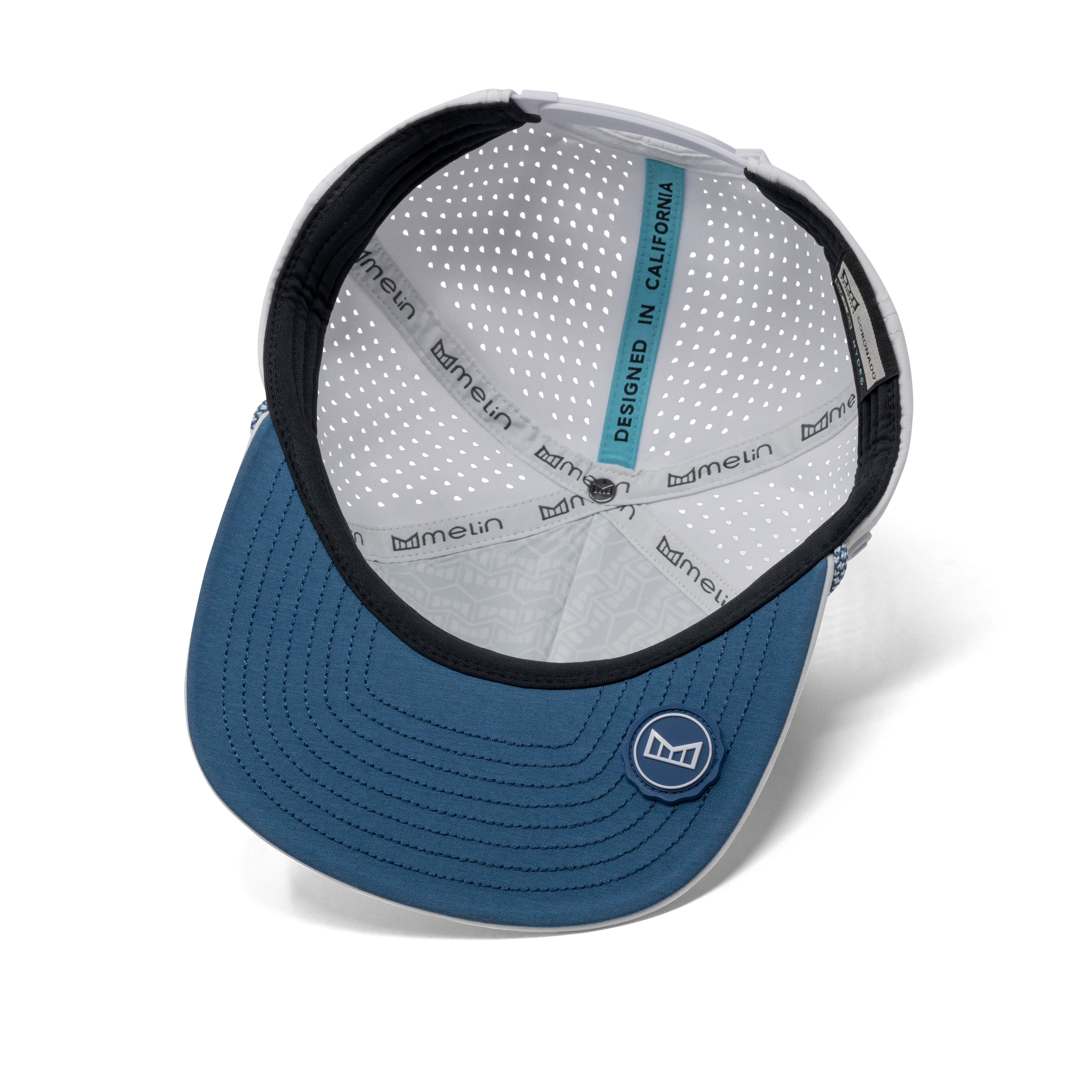 The inside view of the melin Coronado Brick Hydro  Split Crushed Fit in  Steel Blue / White