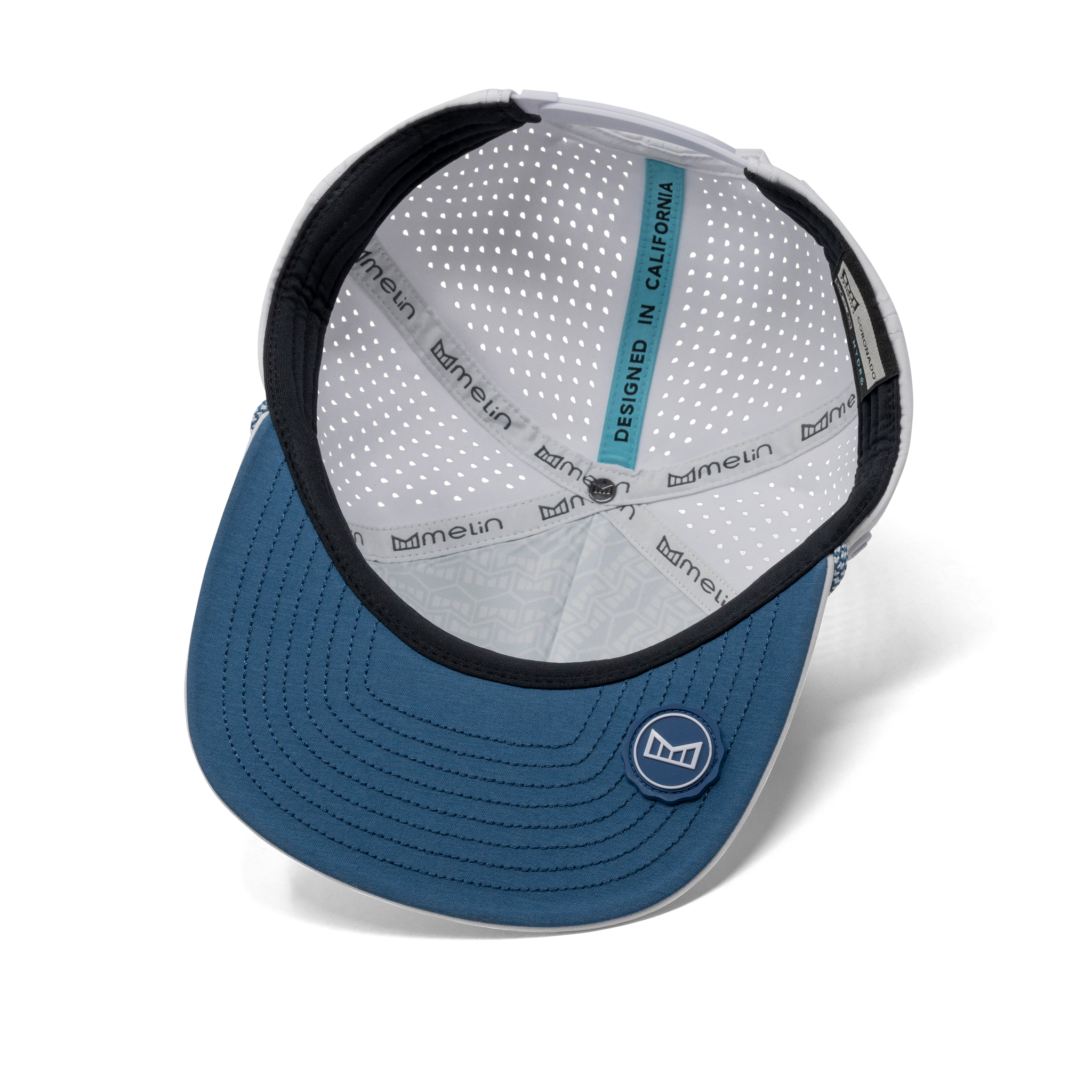 The inside view of the melin Coronado Brick Hydro  Split Crushed Fit in  Steel Blue / White